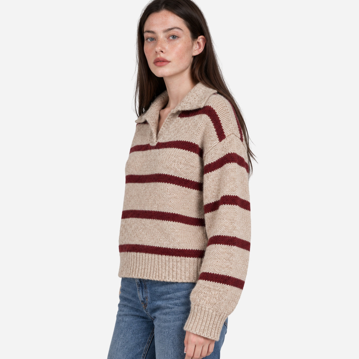 Women’s Striped Open-Collar Knit Polo Jumper-Fowsa