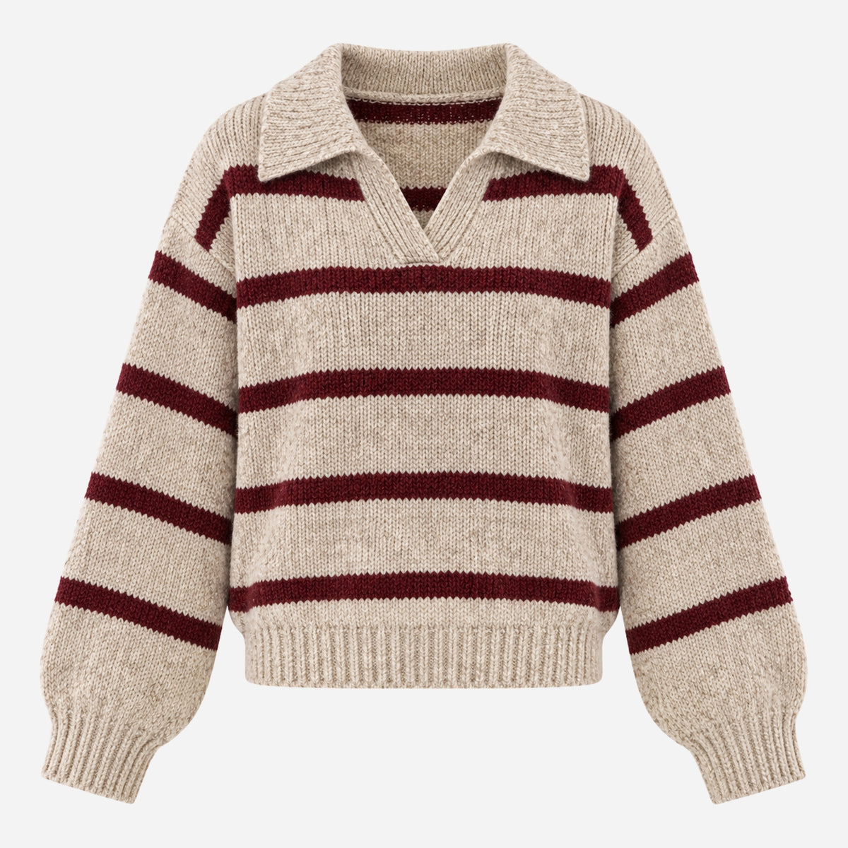 Women’s Striped Open-Collar Knit Polo Jumper-Fowsa
