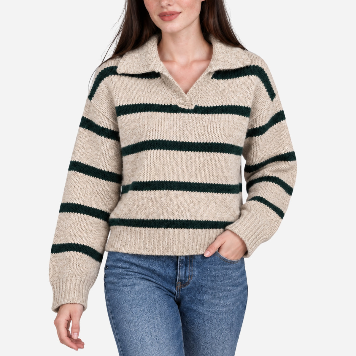 Women’s Striped Open-Collar Knit Polo Jumper-Fowsa