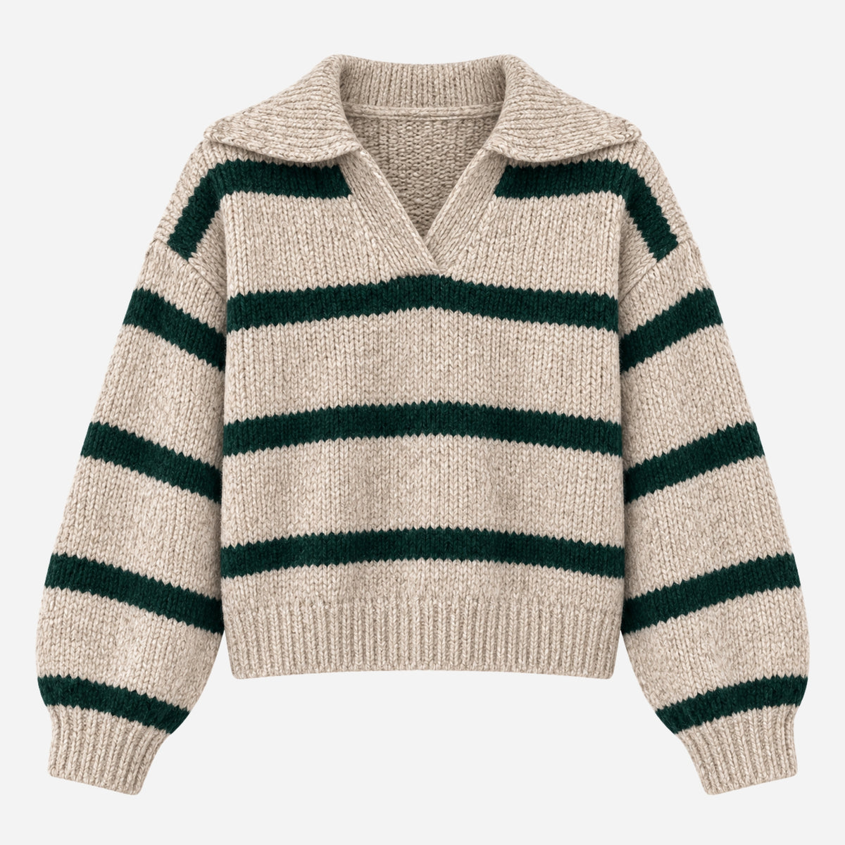 Women’s Striped Open-Collar Knit Polo Jumper-Fowsa