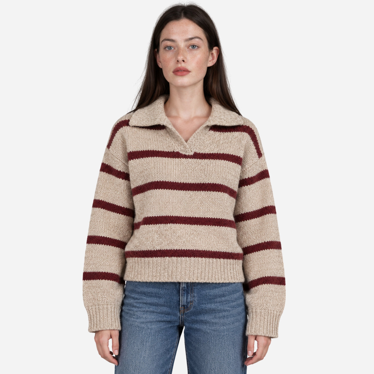 Women’s Striped Open-Collar Knit Polo Jumper-Fowsa