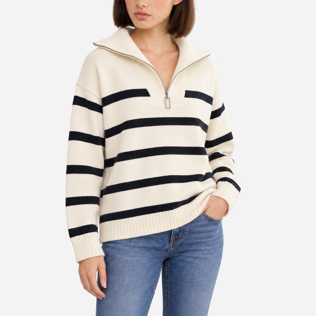 Women’s Striped Quarter-Zip Collared Jumper-Fowsa