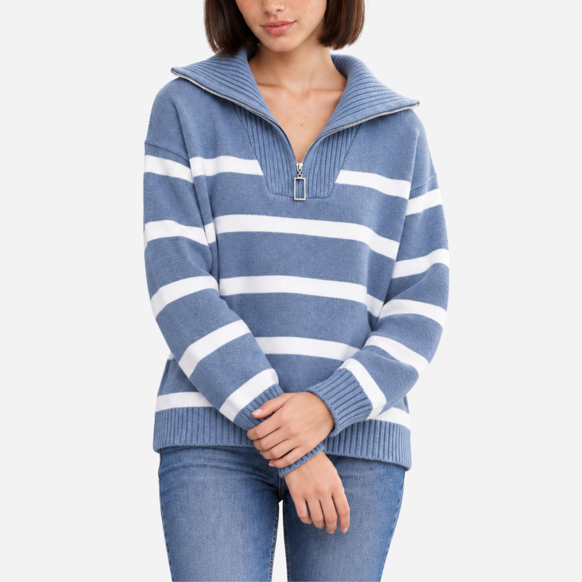 Women’s Striped Quarter-Zip Collared Jumper-Fowsa