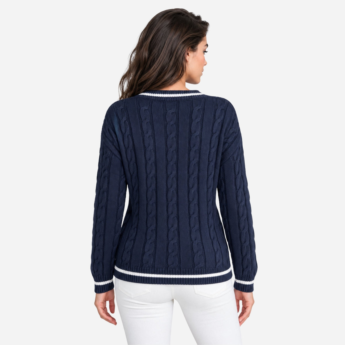 Women’s Striped V-Neck Cable-Knit Jumper-Fowsa