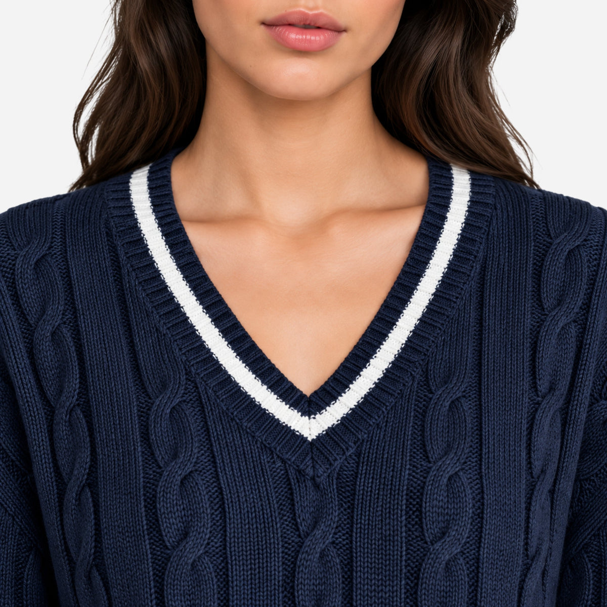 Women’s Striped V-Neck Cable-Knit Jumper-Fowsa