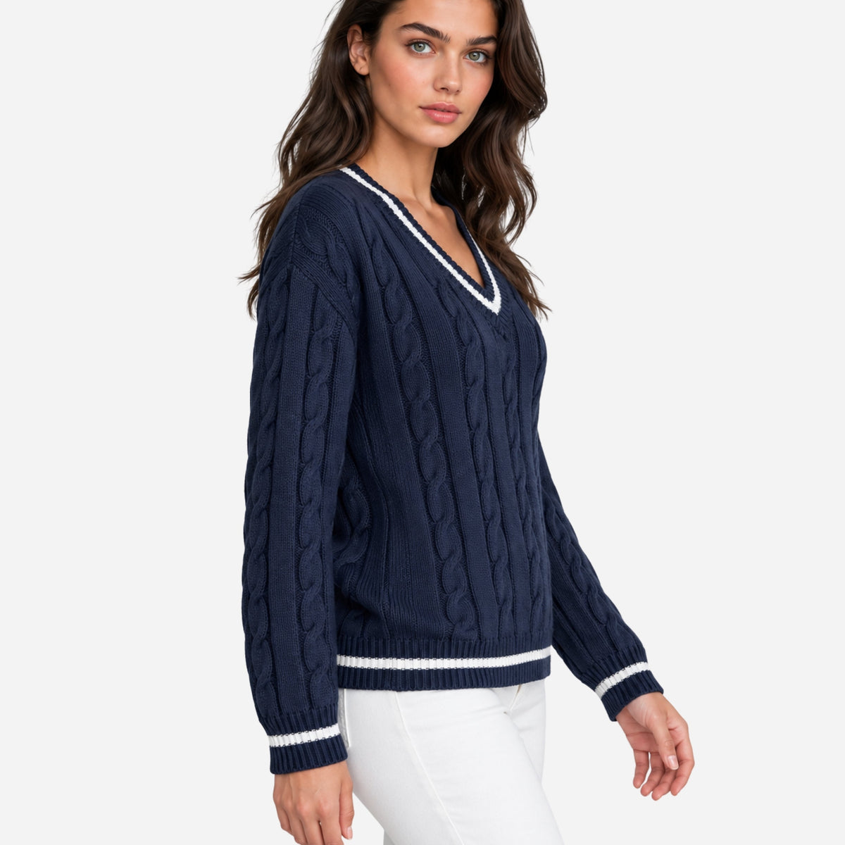 Women’s Striped V-Neck Cable-Knit Jumper-Fowsa