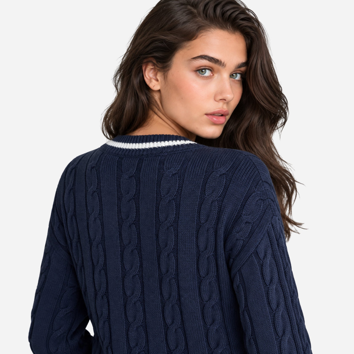 Women’s Striped V-Neck Cable-Knit Jumper-Fowsa