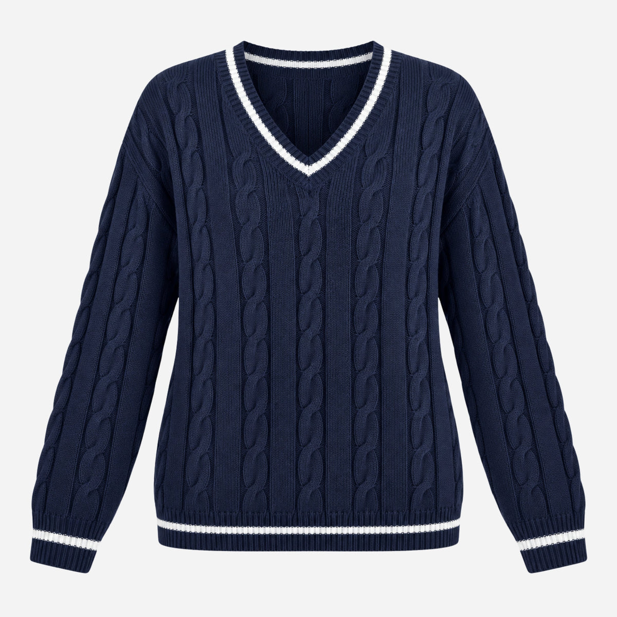 Women’s Striped V-Neck Cable-Knit Jumper-Fowsa
