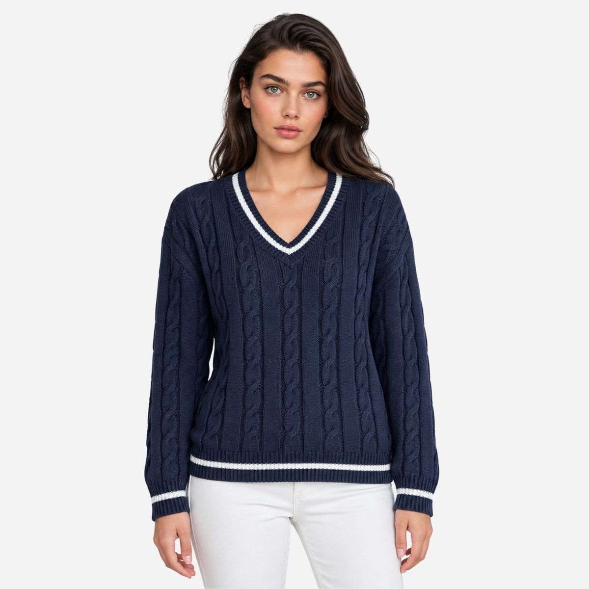 Women’s Striped V-Neck Cable-Knit Jumper-Fowsa