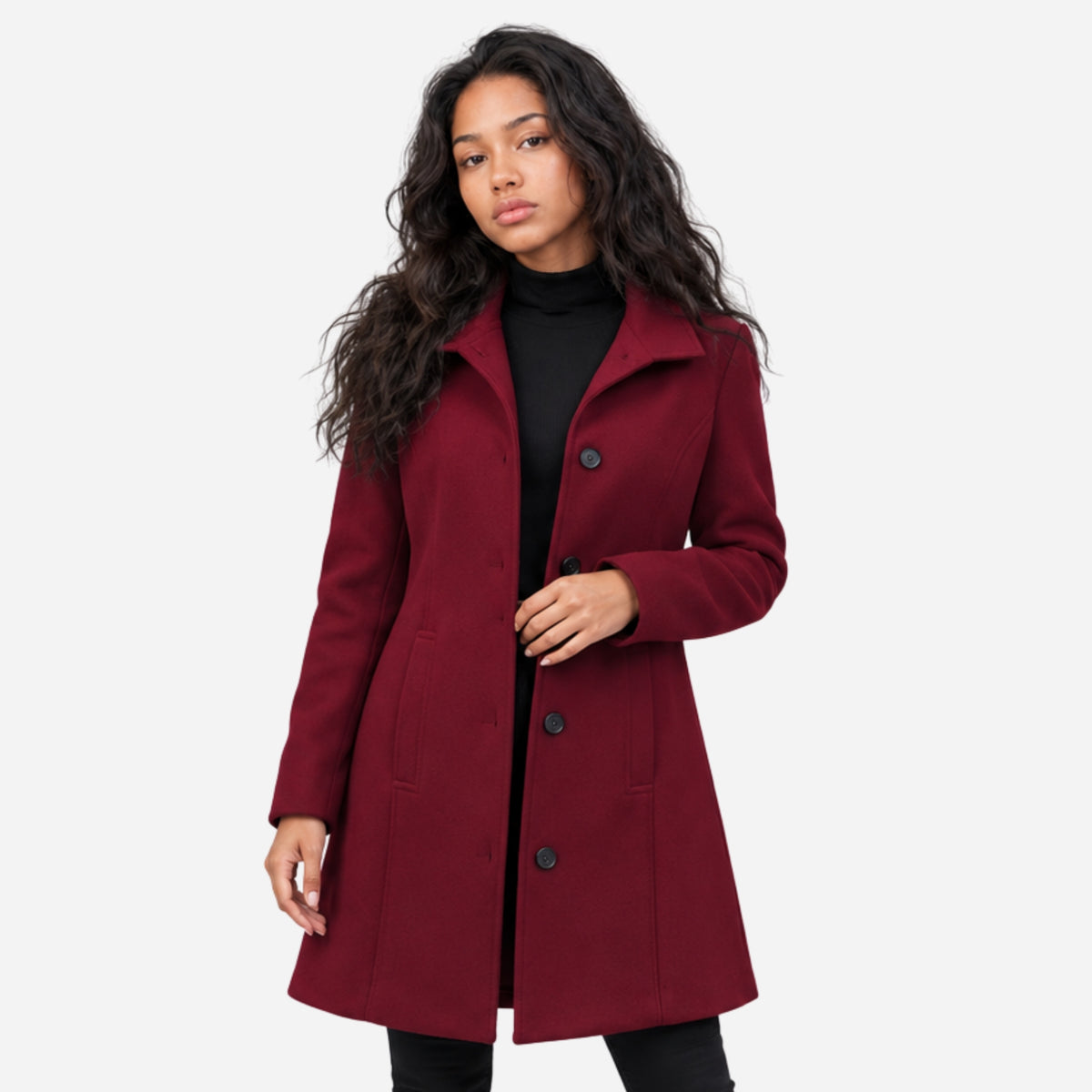 Women’s Tailored Button-Front Mid-Length Wool Coat-Fowsa