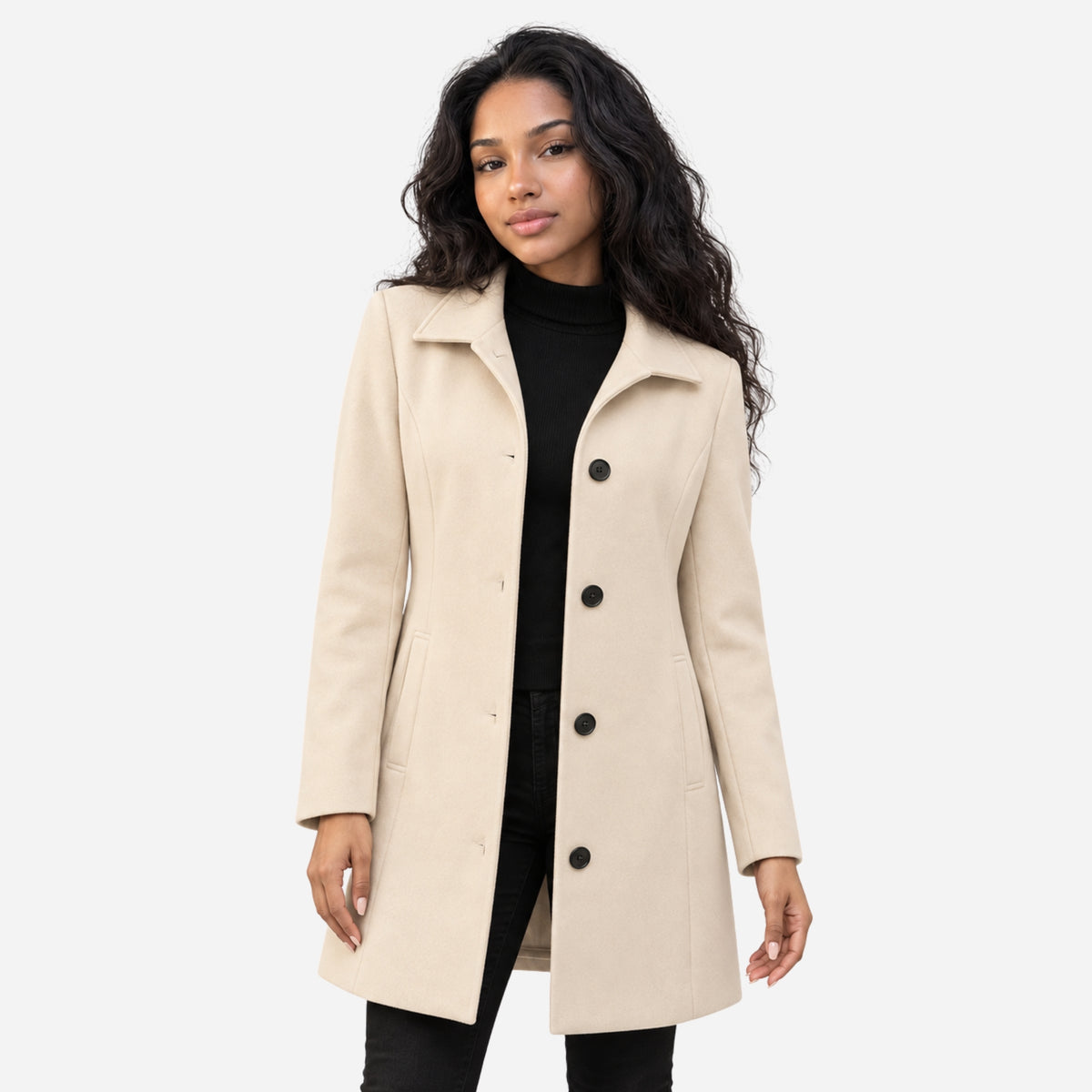 Women’s Tailored Button-Front Mid-Length Wool Coat-Fowsa