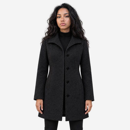 Women’s Tailored Button-Front Mid-Length Wool Coat-Fowsa