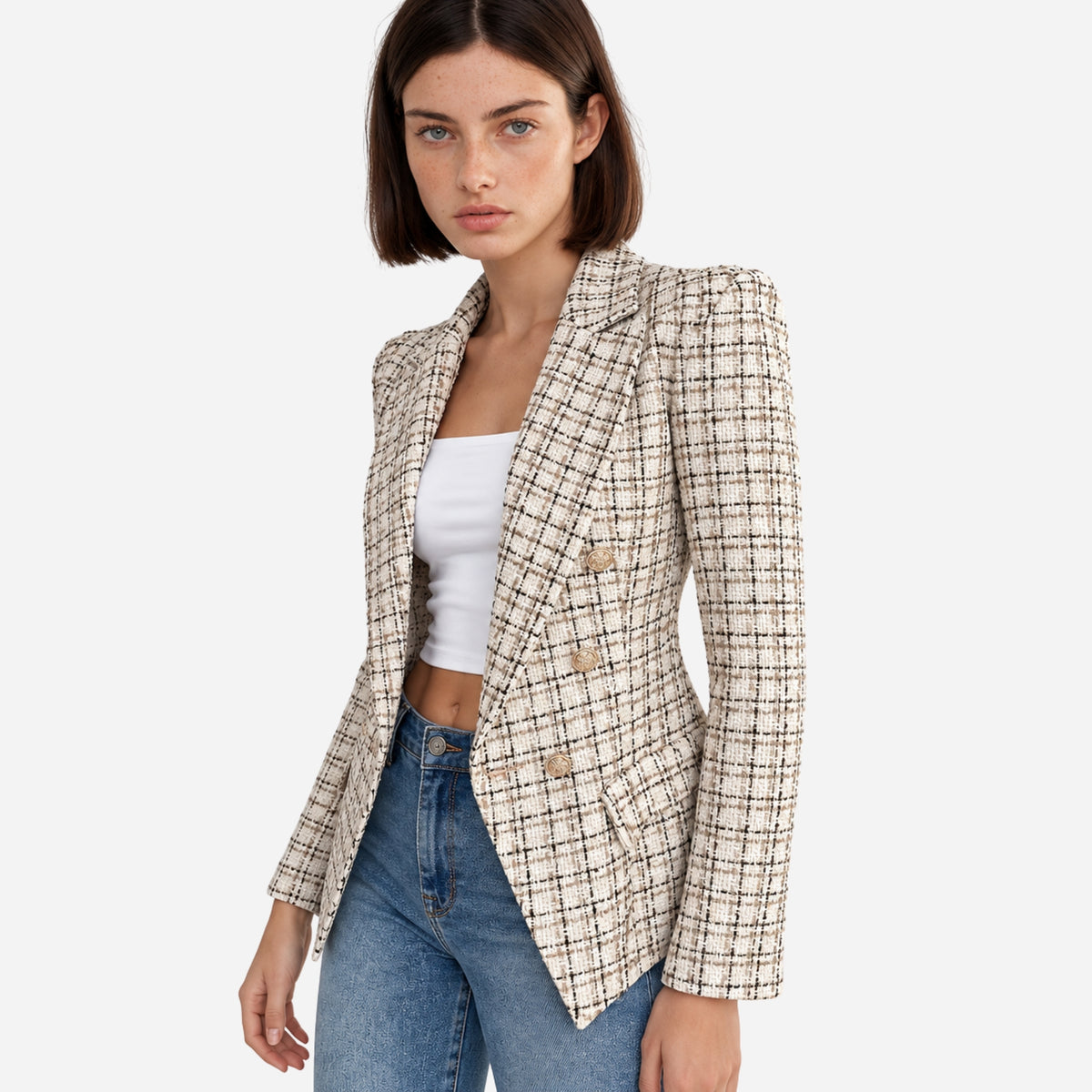 Women’s Textured Check Button-Front Tailored Blazer-Fowsa