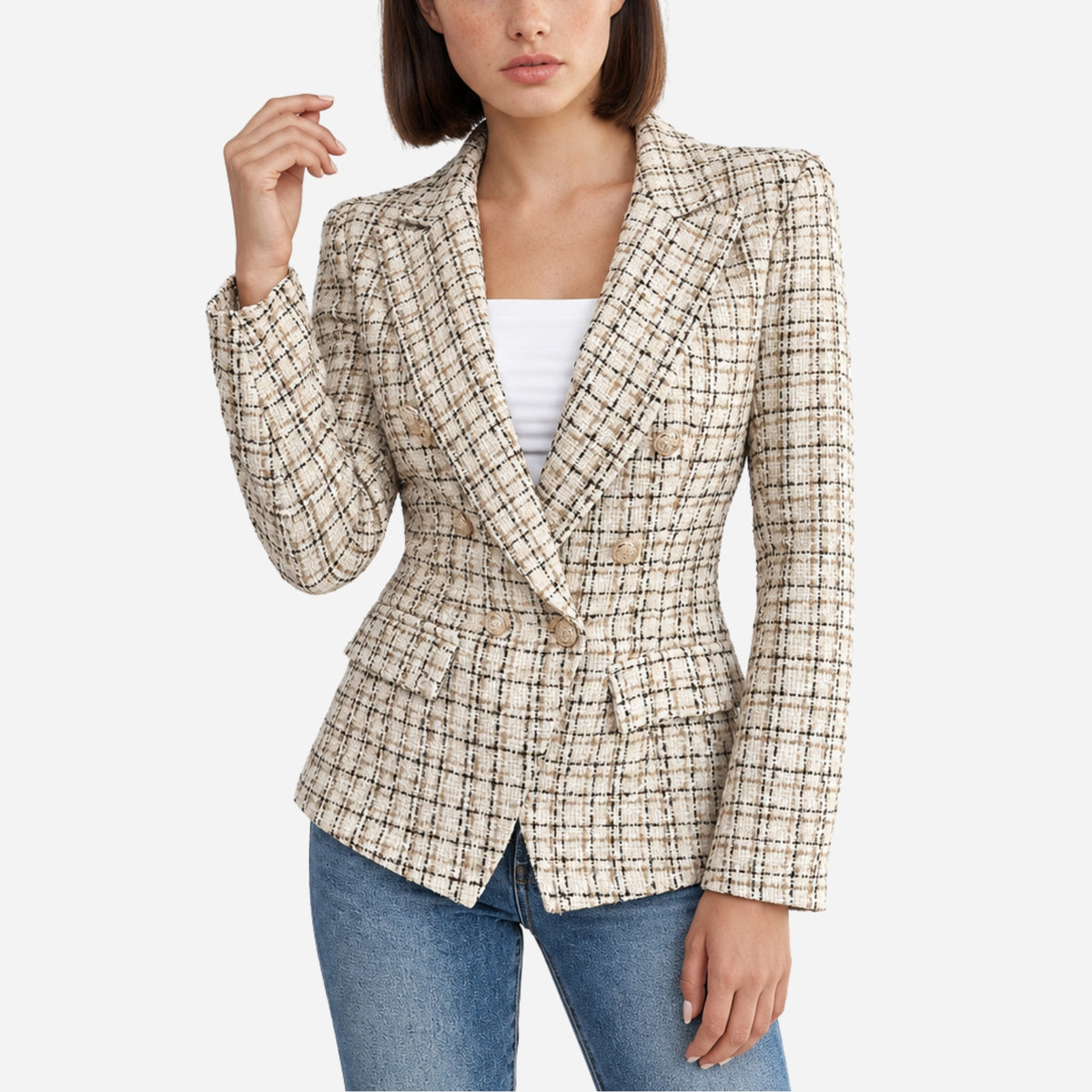 Women’s Textured Check Button-Front Tailored Blazer-Fowsa