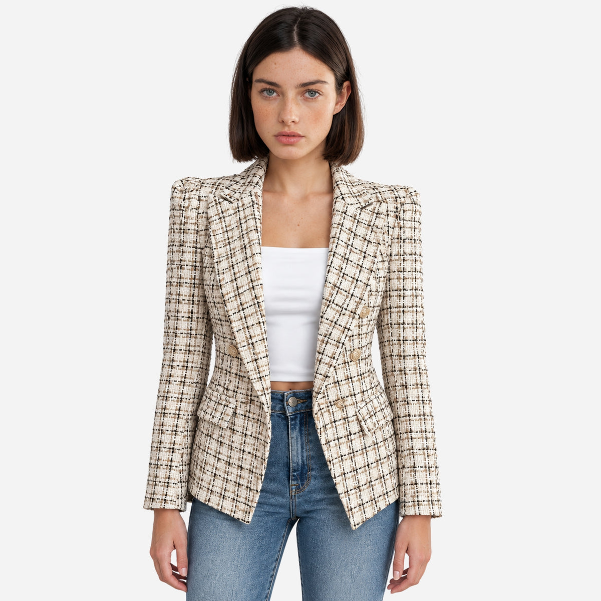 Women’s Textured Check Button-Front Tailored Blazer-Fowsa