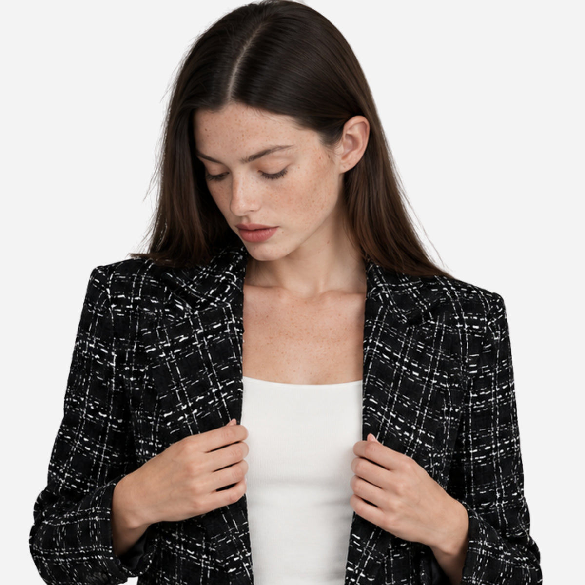Women’s Textured Check Double-Breasted Longline Blazer-Fowsa