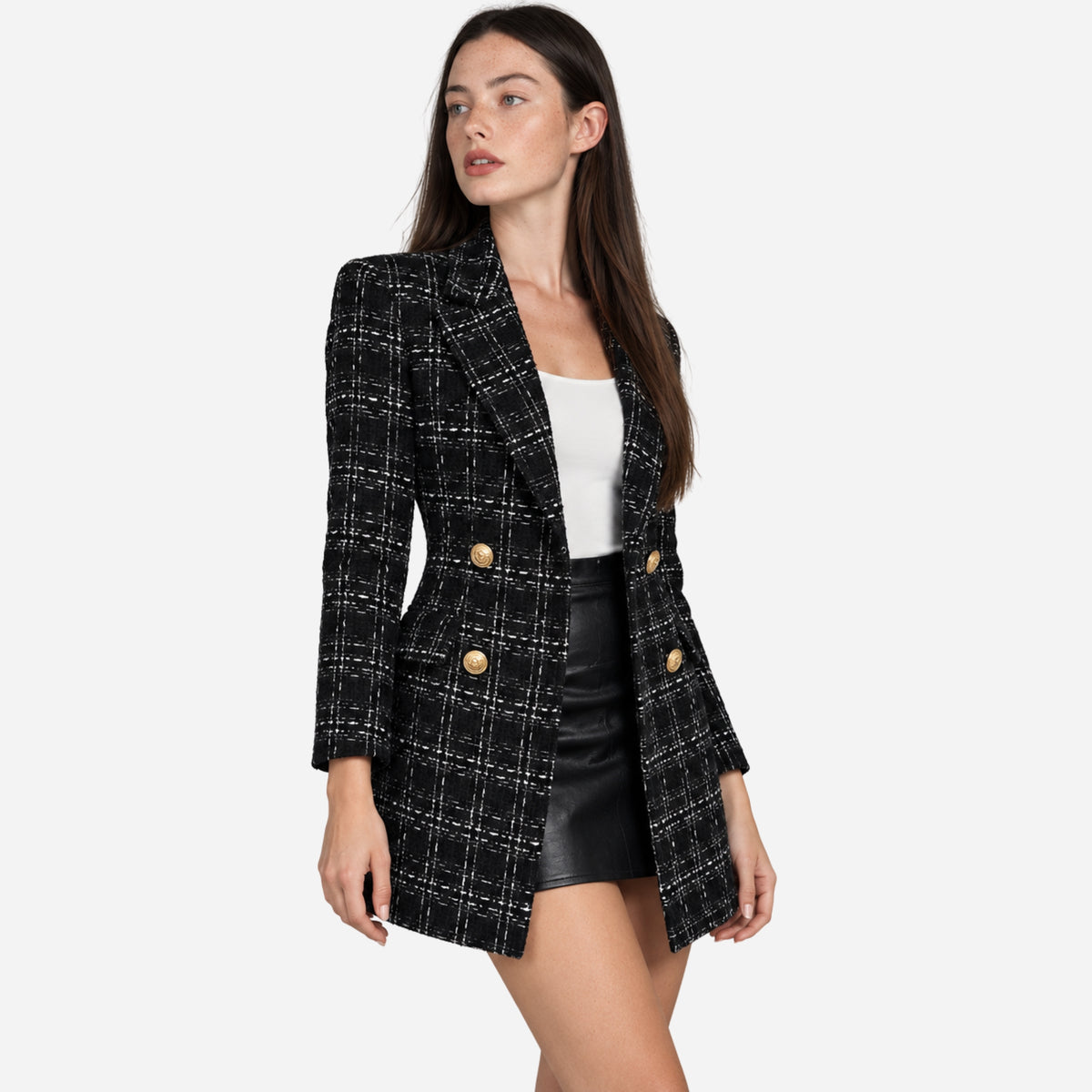 Women’s Textured Check Double-Breasted Longline Blazer-Fowsa