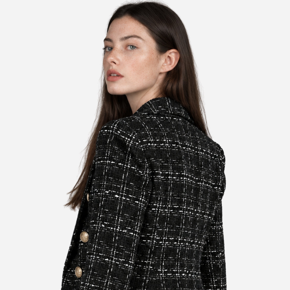 Women’s Textured Check Double-Breasted Longline Blazer-Fowsa