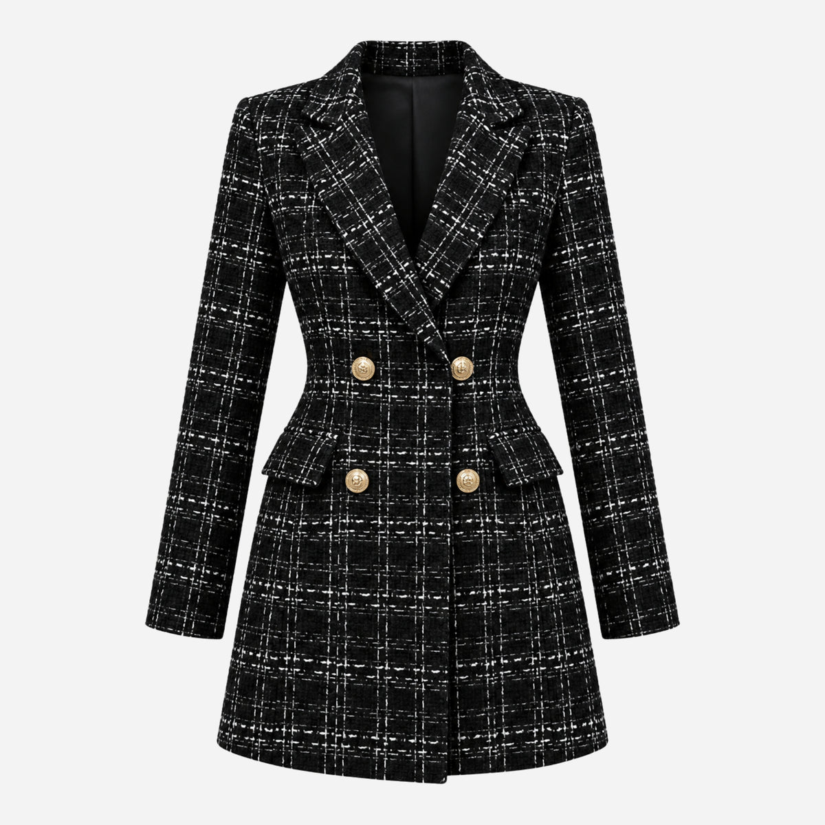 Women’s Textured Check Double-Breasted Longline Blazer-Fowsa