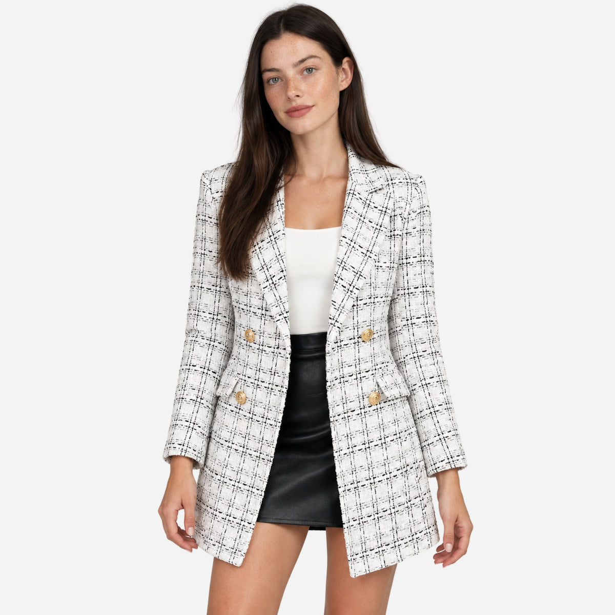 Women’s Textured Check Double-Breasted Longline Blazer-Fowsa