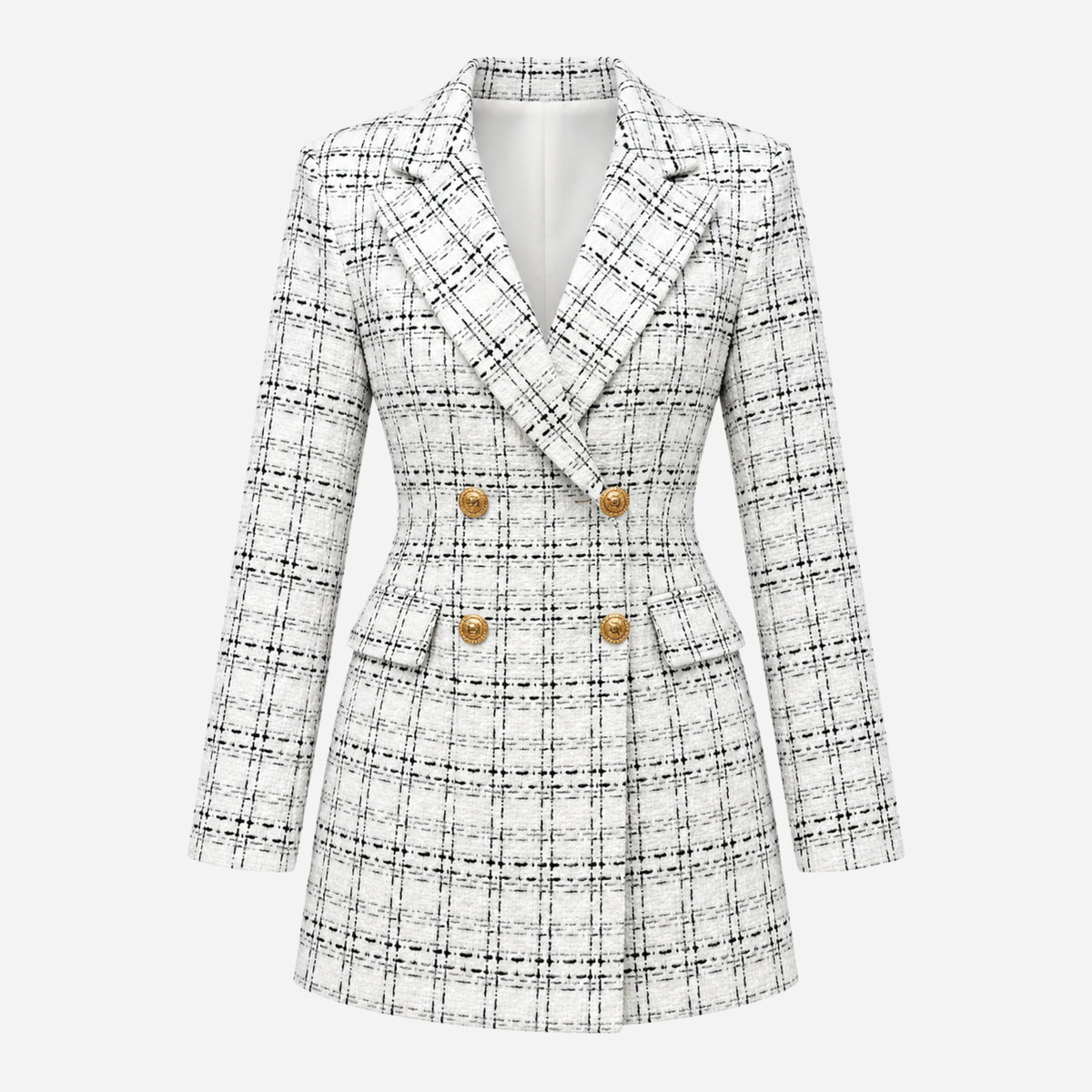 Women’s Textured Check Double-Breasted Longline Blazer-Fowsa