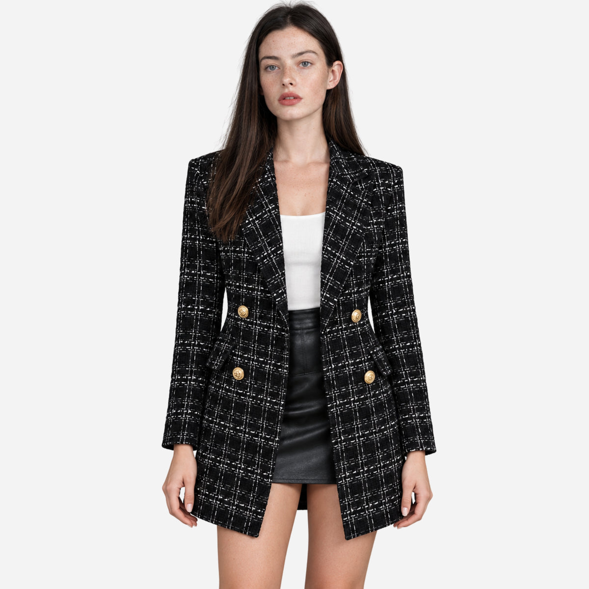 Women’s Textured Check Double-Breasted Longline Blazer-Fowsa