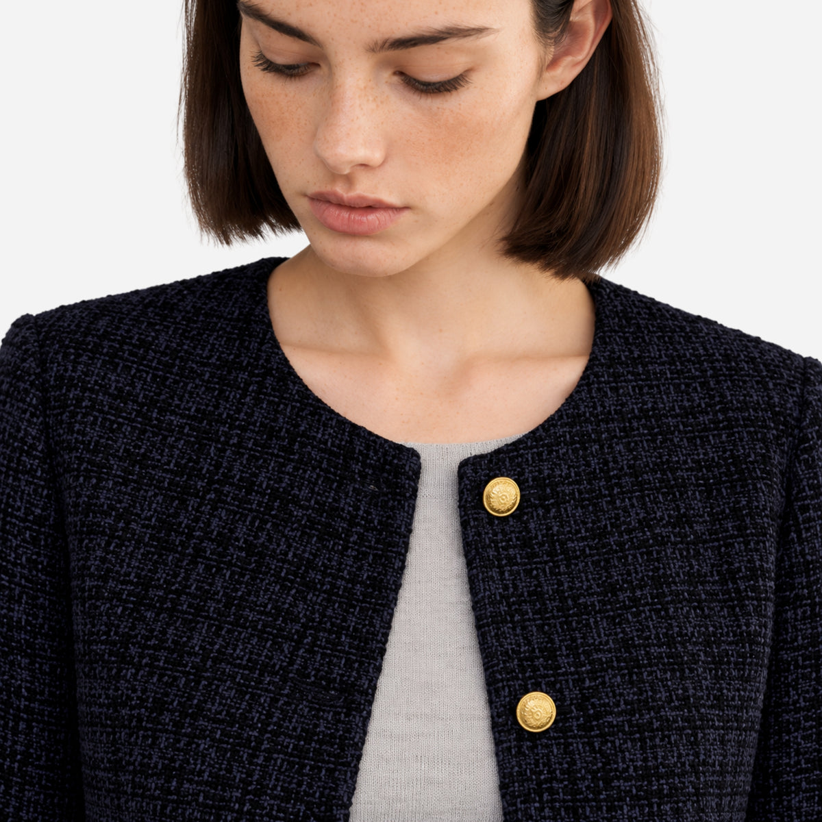 Women’s Textured Collarless Button-Front Blazer-Fowsa
