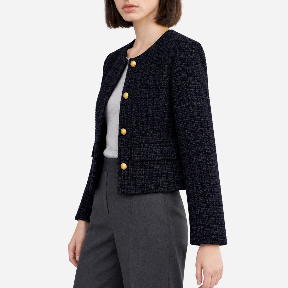 Women’s Textured Collarless Button-Front Blazer-Fowsa