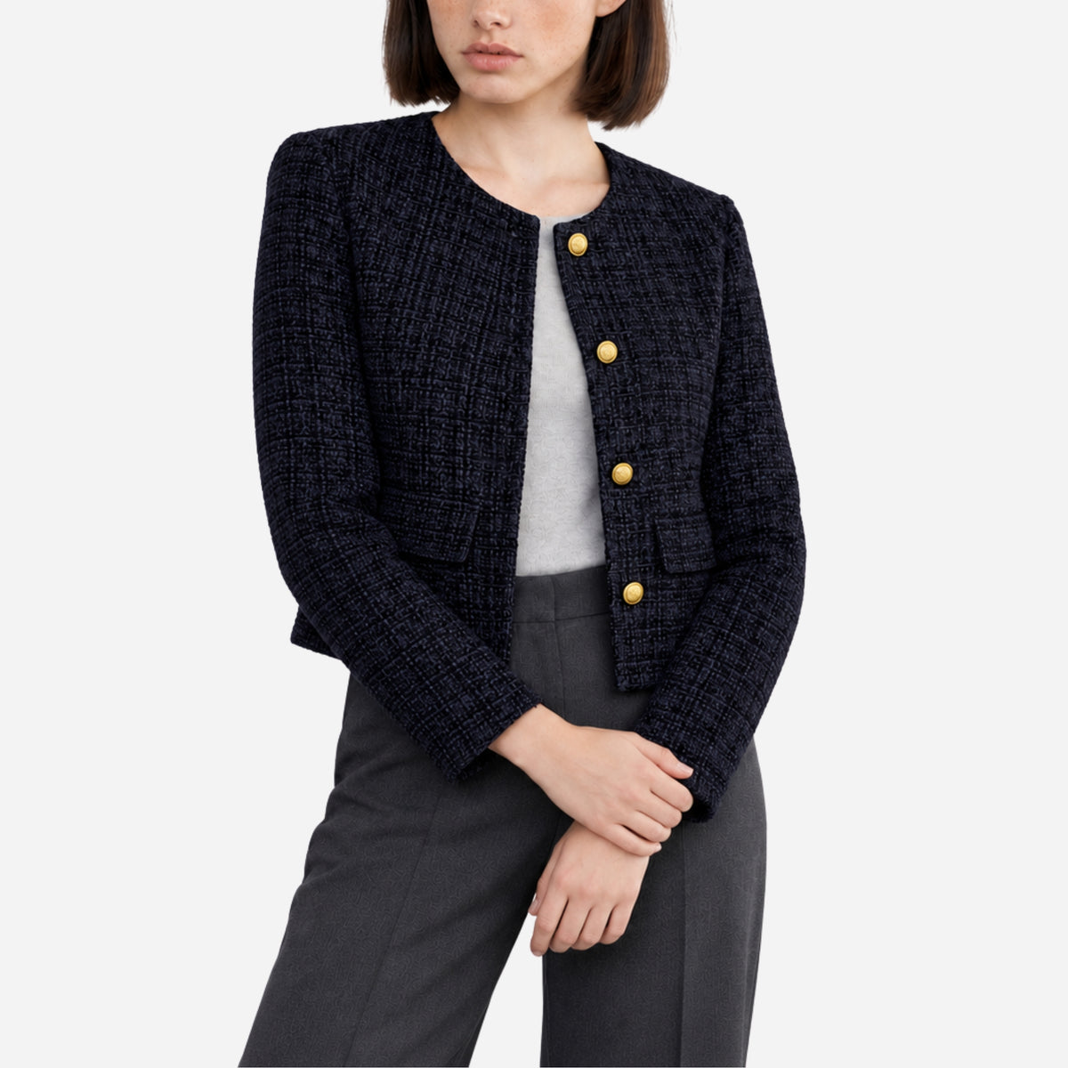 Women’s Textured Collarless Button-Front Blazer-Fowsa