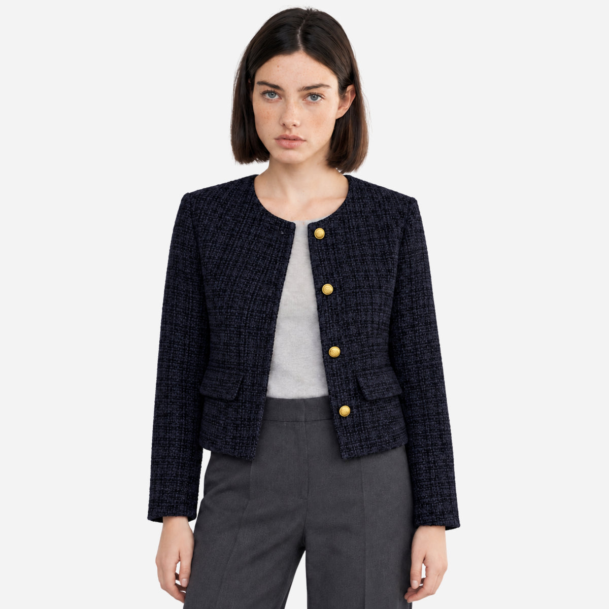 Women’s Textured Collarless Button-Front Blazer-Fowsa