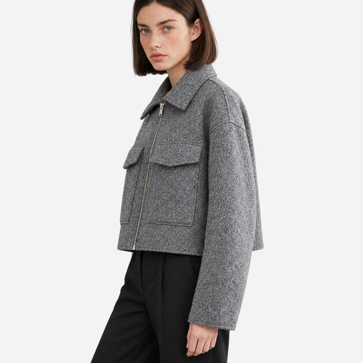 Women’s Textured Flap-Pocket Cropped Jacket-Fowsa