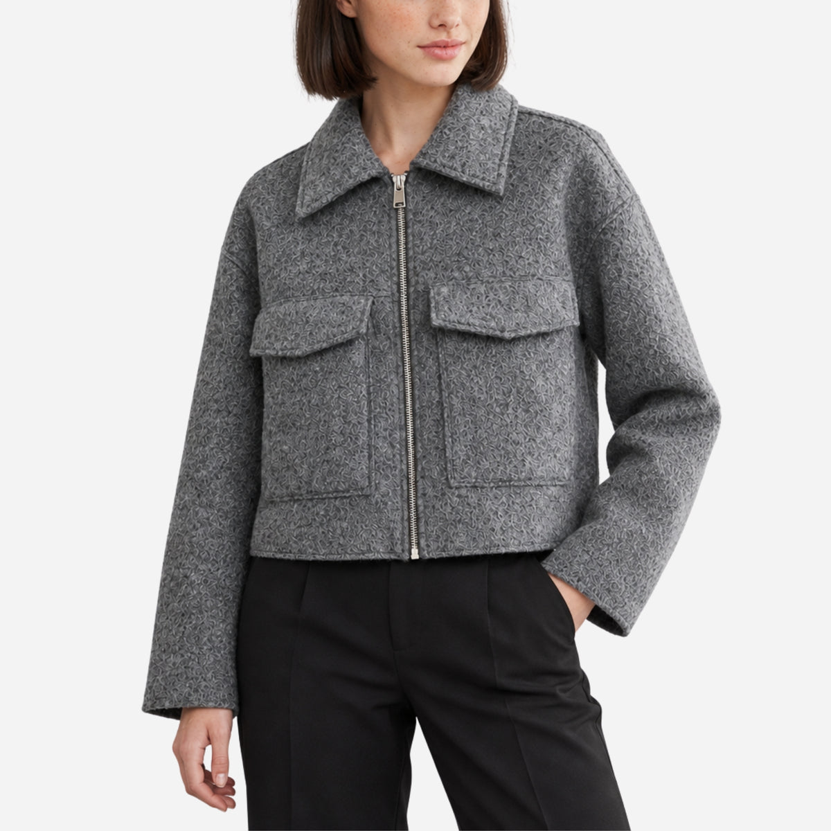 Women’s Textured Flap-Pocket Cropped Jacket-Fowsa