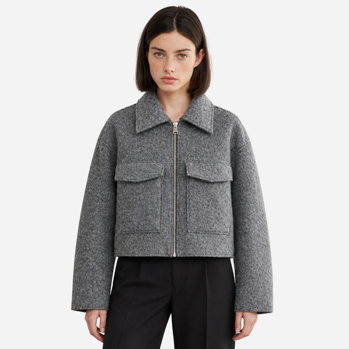 Women’s Textured Flap-Pocket Cropped Jacket-Fowsa
