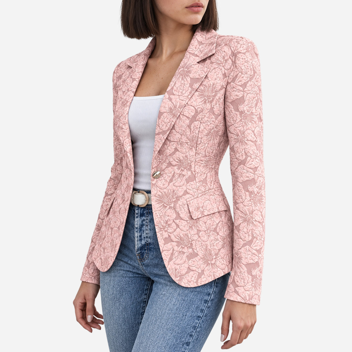 Women’s Textured Floral Single-Button Blazer Jacket-Fowsa