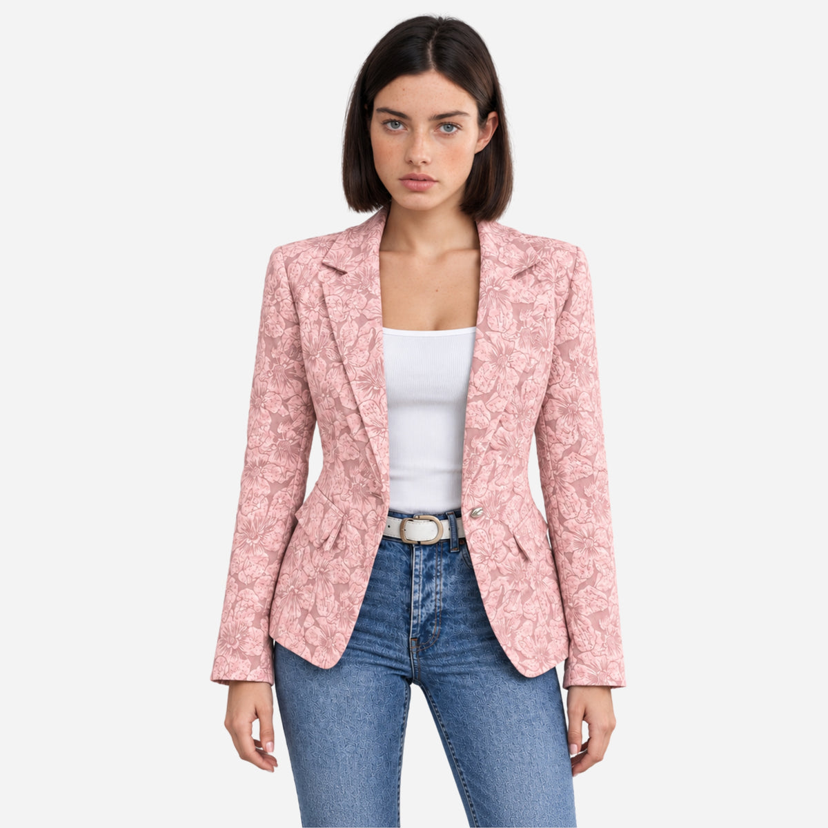 Women’s Textured Floral Single-Button Blazer Jacket-Fowsa