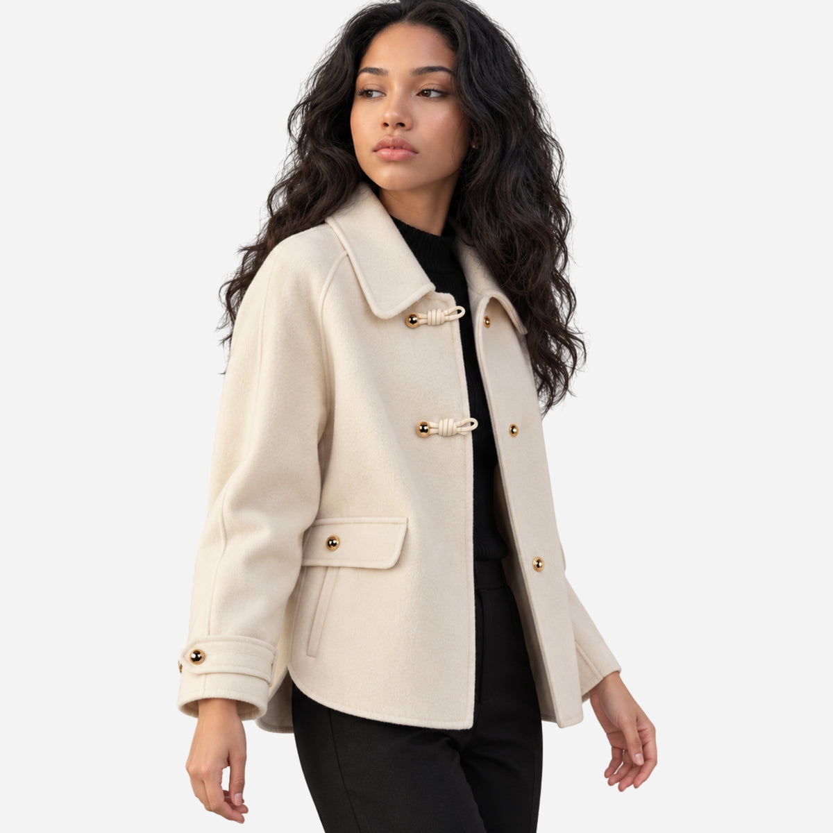 Women’s Toggle-Fastening Collared Button-Detail Short Coat-Fowsa