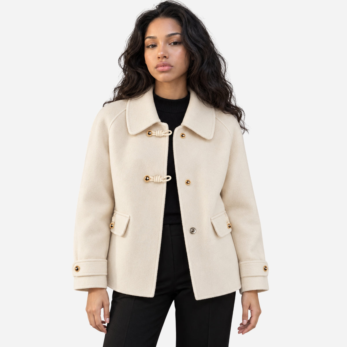 Women’s Toggle-Fastening Collared Button-Detail Short Coat-Fowsa