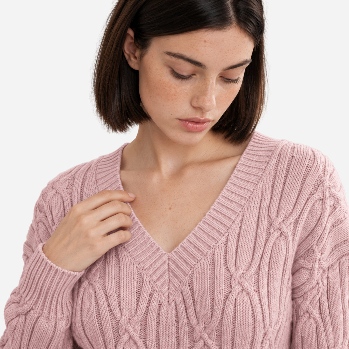 Women’s V-Neck Cable Knit Long-Sleeve Jumper-Fowsa