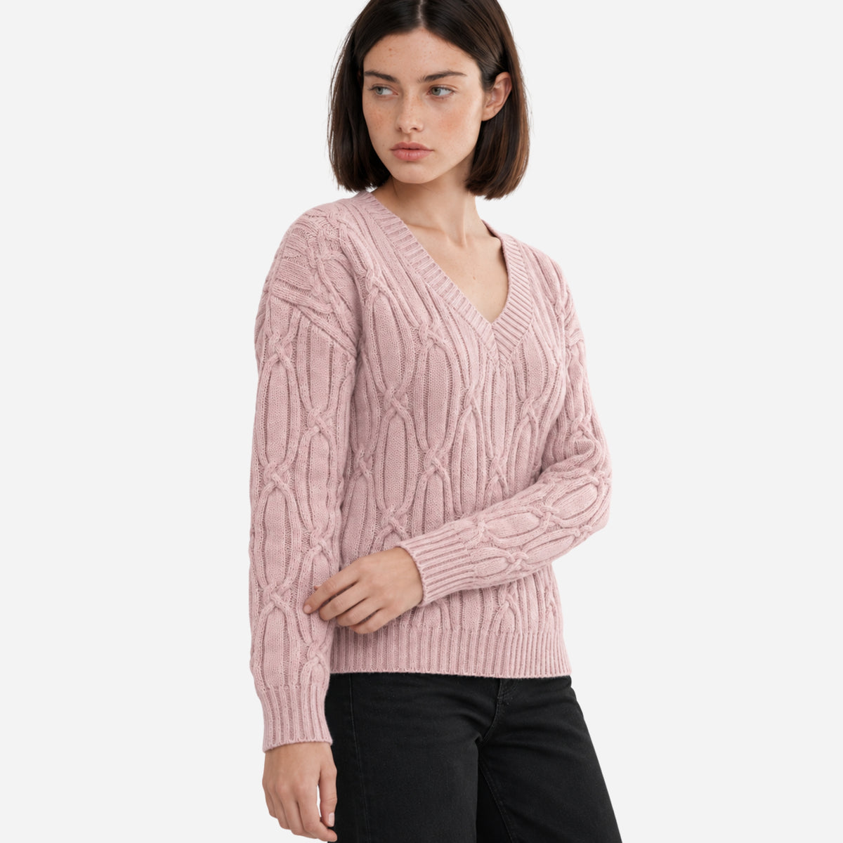 Women’s V-Neck Cable Knit Long-Sleeve Jumper-Fowsa