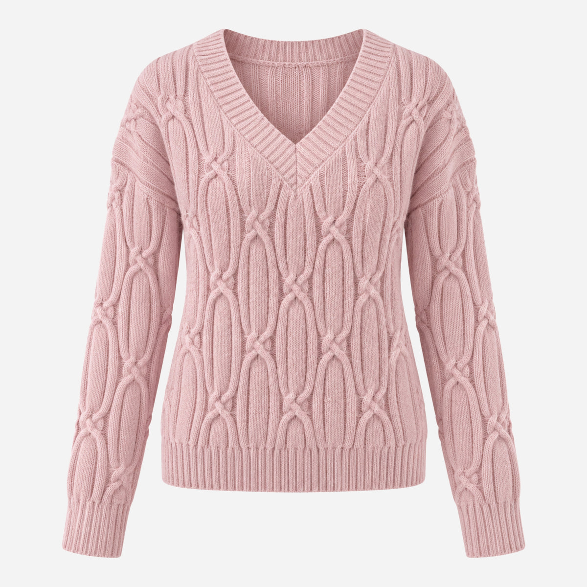 Women’s V-Neck Cable Knit Long-Sleeve Jumper-Fowsa