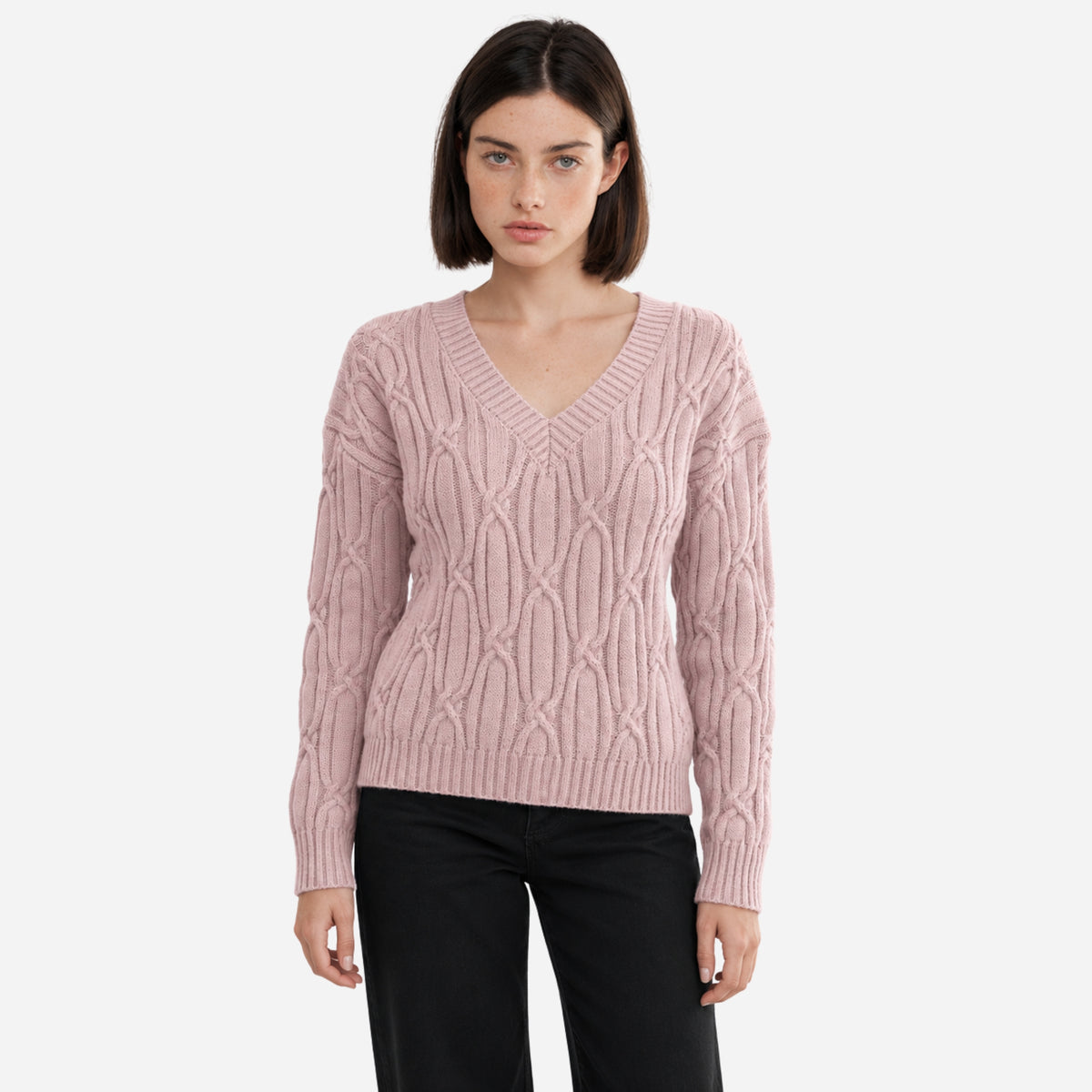 Women’s V-Neck Cable Knit Long-Sleeve Jumper-Fowsa